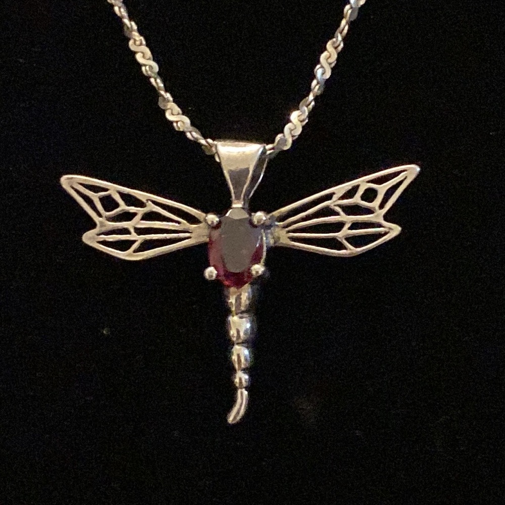 Sterling Silver Vintage Dragonfly with Garnet Necklace